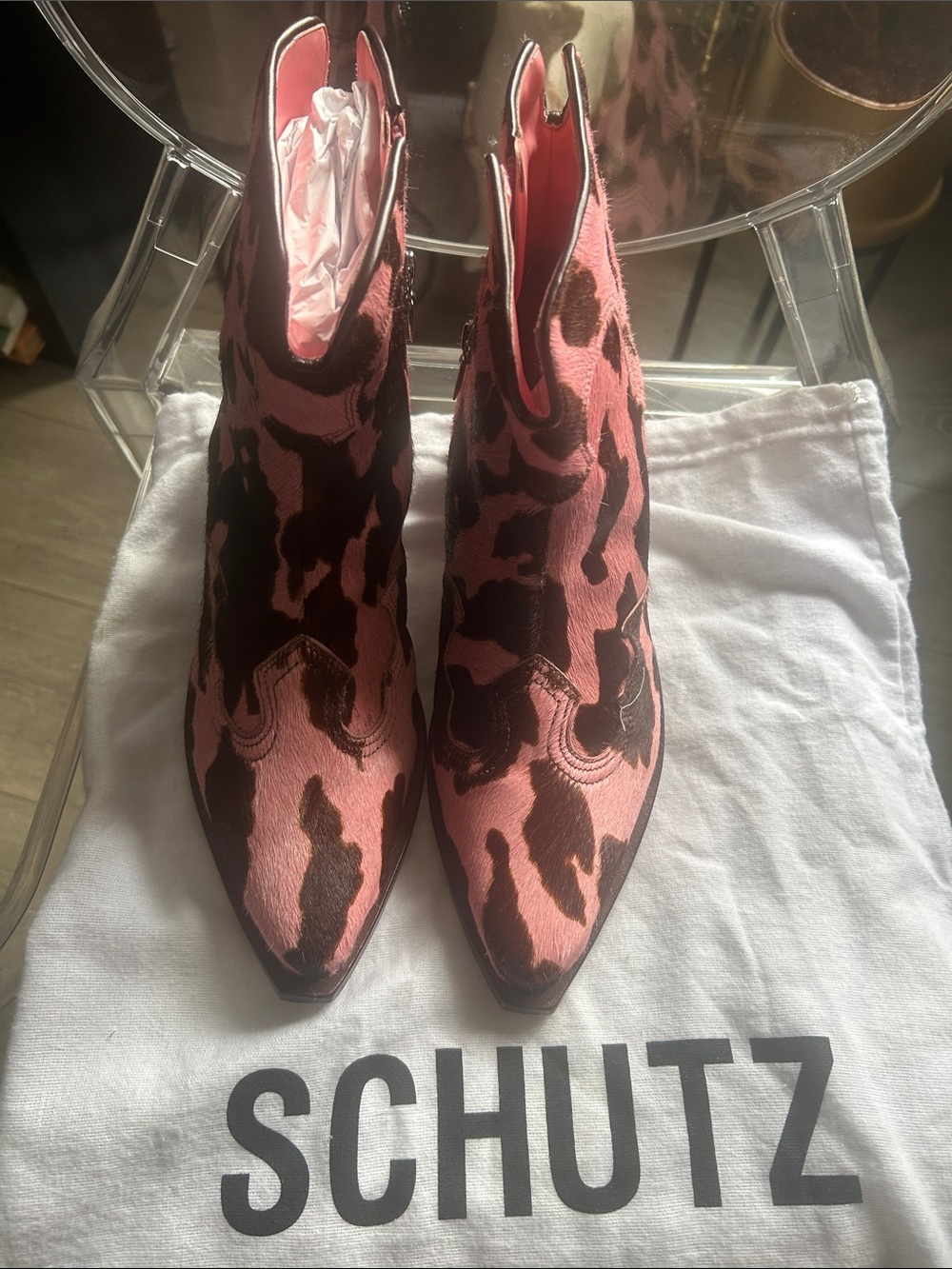 SCHUTZ Pink and Brown Patterned Pointed Western Ankle Boots